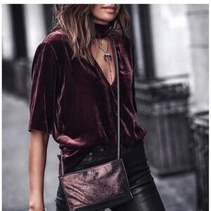 Theory Slit Collar VNeck Velvet Top Revolve Cutout Blouse Party Burgundy Women S